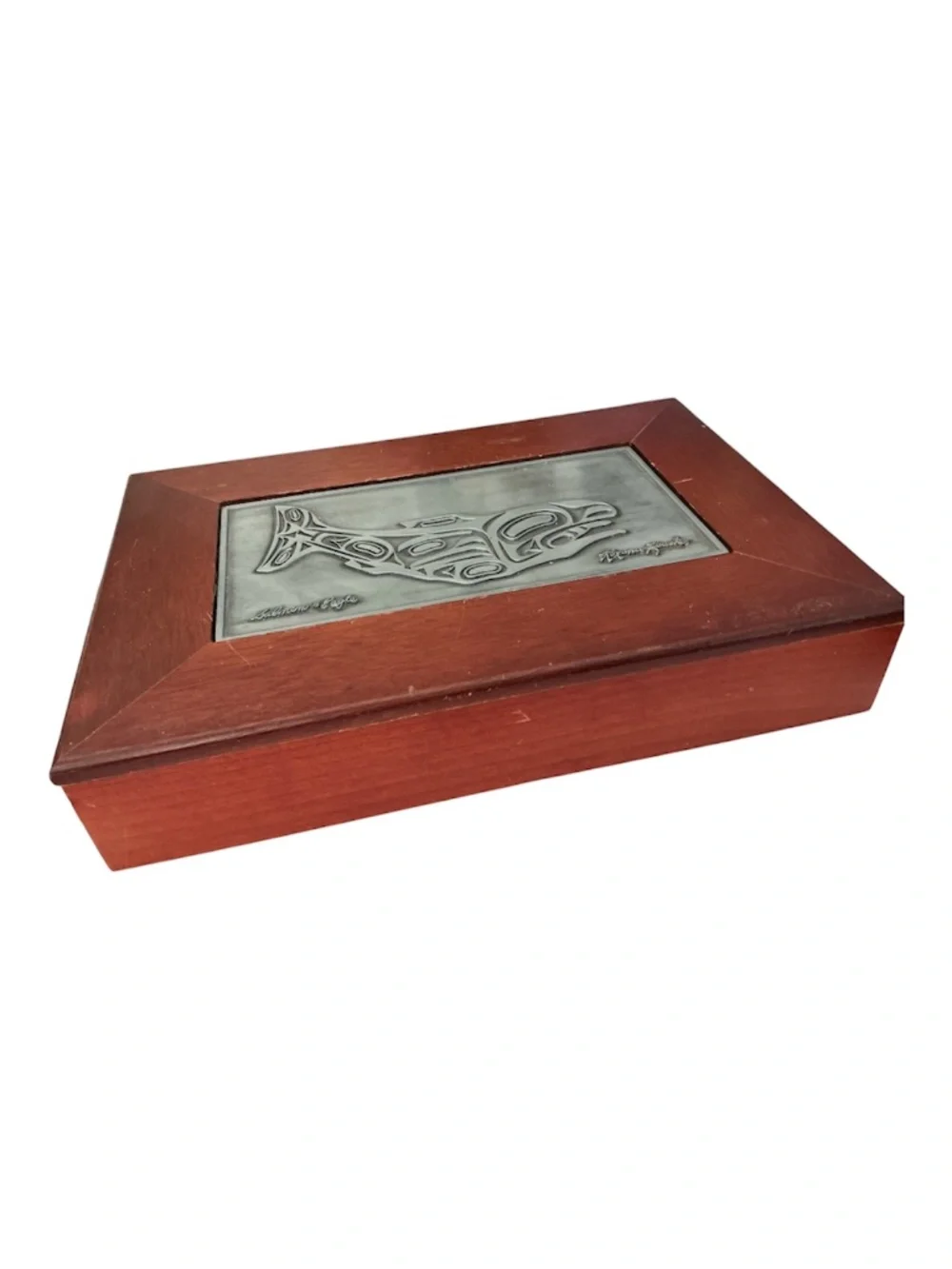 Vintage Wooden Gentleman’s Storage Box Pewter Inlay by Roxana Leask Salmon Eagle